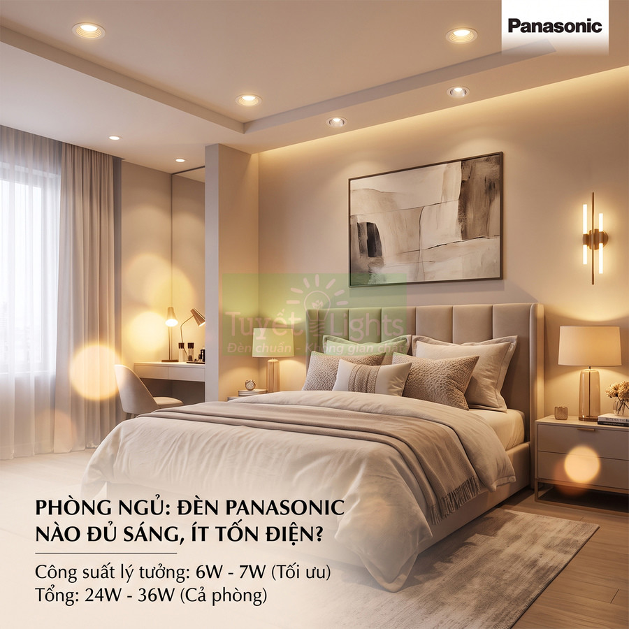 Phòng ngủ hiện đại sử dụng đèn LED âm trần Panasonic ánh sáng vàng tiết kiệm điện